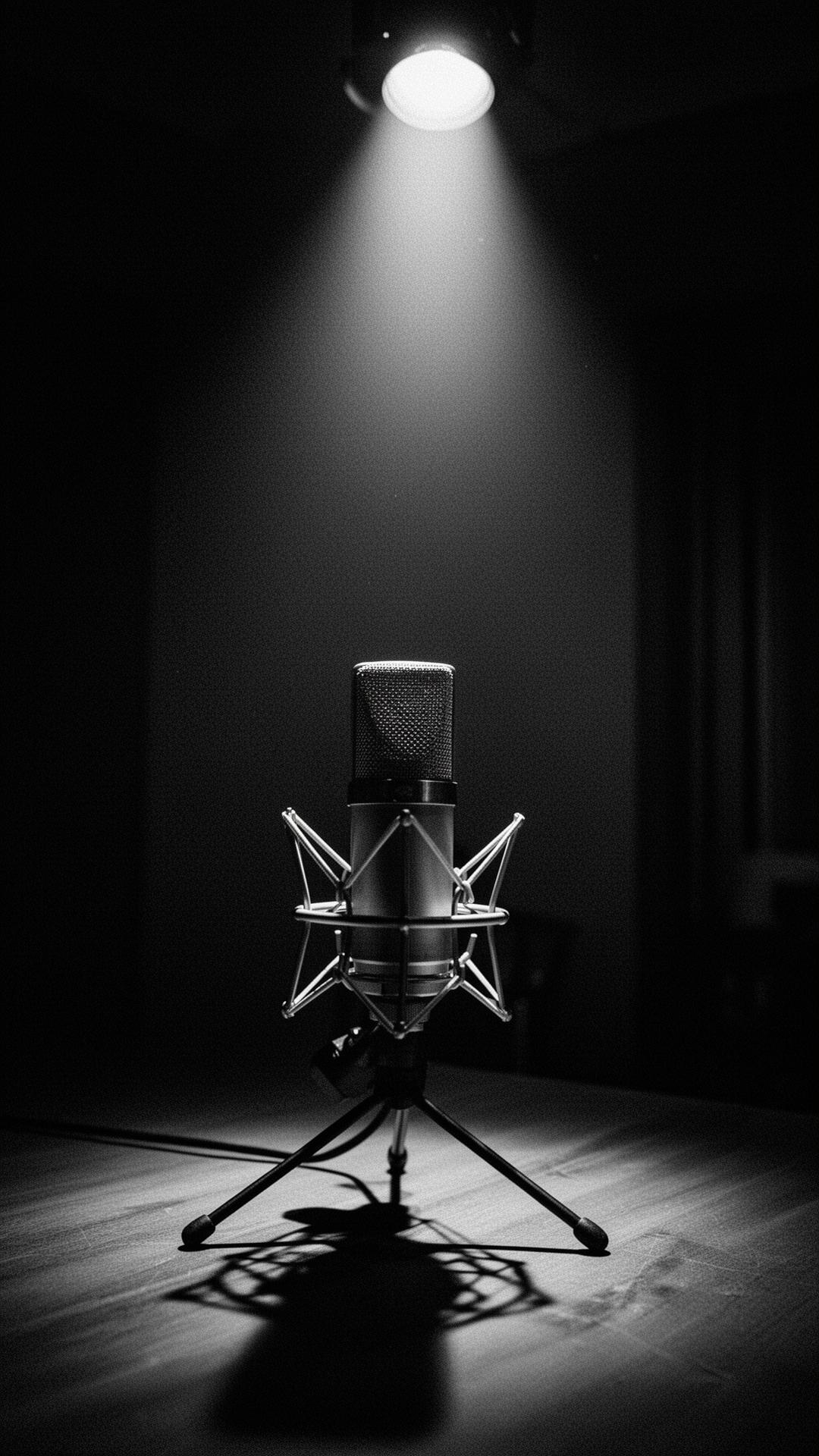Studio microphone under a single spotlight